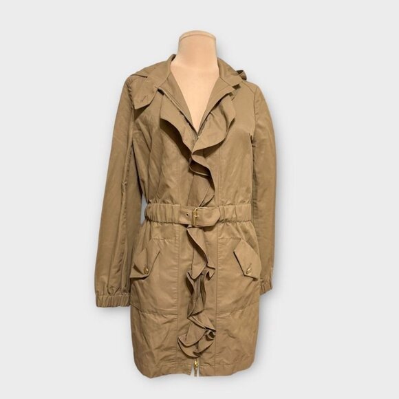 Tory Burch Warren Ruffle Coat 4 Tan Jacket Raincoat Trench Zip Hooded Classic - Picture 3 of 11